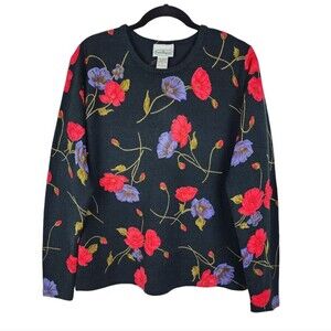 Patchington Floral Sweater Black Soft Acrylic Knit Pullover Top Crew Neck Size M